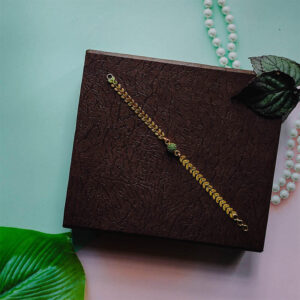Leaf Linked Bracelet with Attractive Green Stone Half Ball Center Hand Chain for Ladies