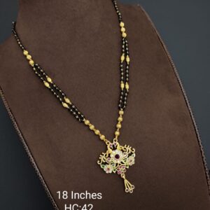 Double Layered Black & Gold Beaded Karimani Mala With Peacock Hanging Pendant