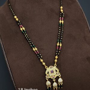 Mangalsuthra With Black Beaded Gold Tone CZ Cubic Zirconia Love Heart Hanging Pendant