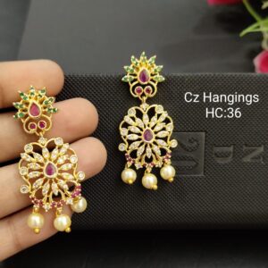 Multicolor Peacock Feather Design Stud with Floral Pearl Drop Earring For Women