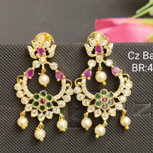 Traditional Gold Plated With CZ Floral cut Dangler & Pearl Chandbali Earrings for Women