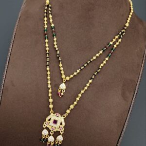 Two Step Multi Color Beaded Karimani Mala With Temple Designed Hanging Pendant