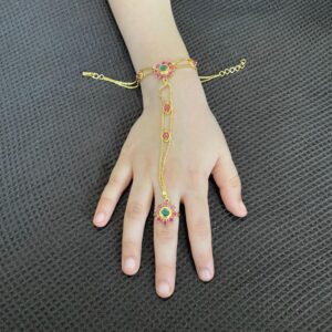 Twisted Flower Ring Curb Chain Bracelets Pinkish and Green