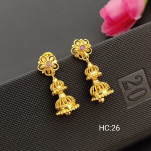 Gold Tone Ethnic Two Step Gold beaded Hanging Jhumka With Floral Stud