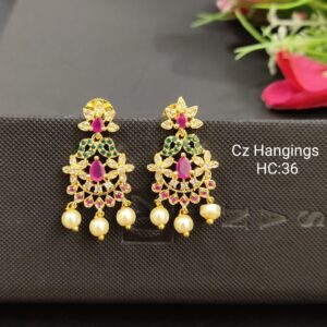 Floral Multi color Stone and CZ Diamond Studded Drop Pearl Earrings for Women and Girls
