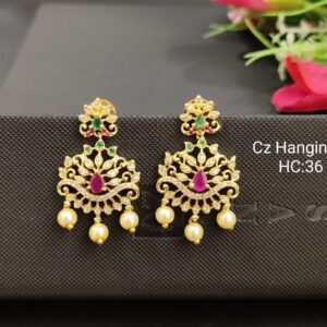 Classic Multi Color CZ Stone Peacock Designed Hanging Pearl Drop Earrings