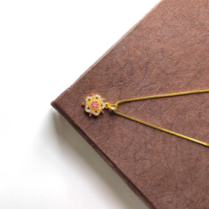 Alluring Flower Pendant Necklace- White Multi and Ruby Stone Round Pendant with Nice Box Chain for Girls and Women