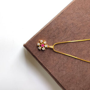 SAROJ FLORAL Diamond Pendant Necklace - Round Shaped Ruby and White Multi-Stone Classic Pendant with Box Chain Necklace for Teenage Girls