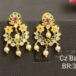 Latest Floral Stud Dangle Drop White Green CZ Stone Gold Plated Pearl Earring For Girl and Women