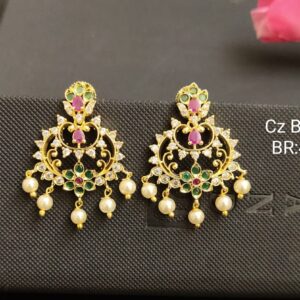 CZ Bali Design Diamond and Pink & Green Stone Studded Pearl Drop hanging Earrings