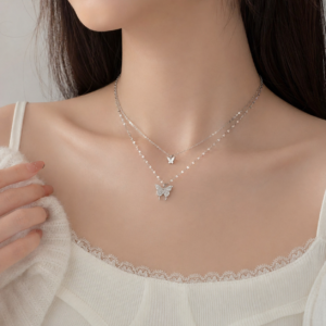 Elegant Double Layer Butterfly Pendant Necklace for Women
