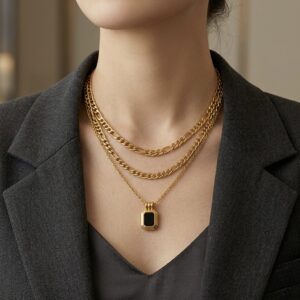 Black Pendant Double Layered Gold Necklace