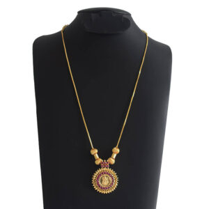 Traditional Lakshmi Necklace - Meroon Coloured Stone Design With Round Pendant